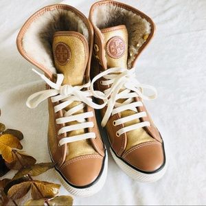 Tory Burch Gold and Tan High-Top Sneakers